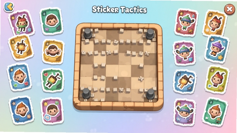 Sticker Tactics 游戏主界面全景预览图,画面中央是方形棋盘战场,四周环绕着色彩鲜艳的贴纸卡牌,背景是柔和的渐变色调,整体风格卡通可爱,适配Boogu模型生成