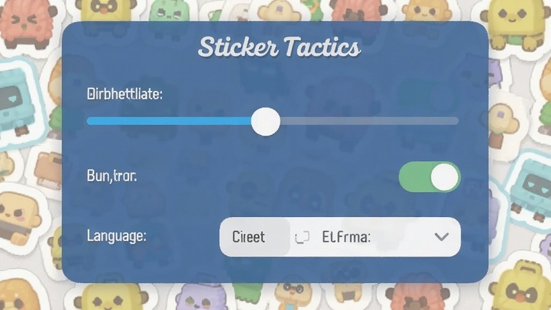 Sticker Tactics 设置界面截图,画面中显示画质调节滑块、音效开关、语言选择等选项,界面简洁清晰,背景带有淡淡的贴纸纹理,适配Boogu模型生成
