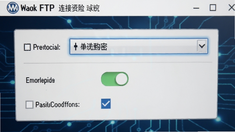 大众FTP软件连接设置界面特写,画面中显示协议选择下拉菜单、加密选项开关、被动模式勾选框,背景为深蓝色科技感渐变,突出安全连接主题