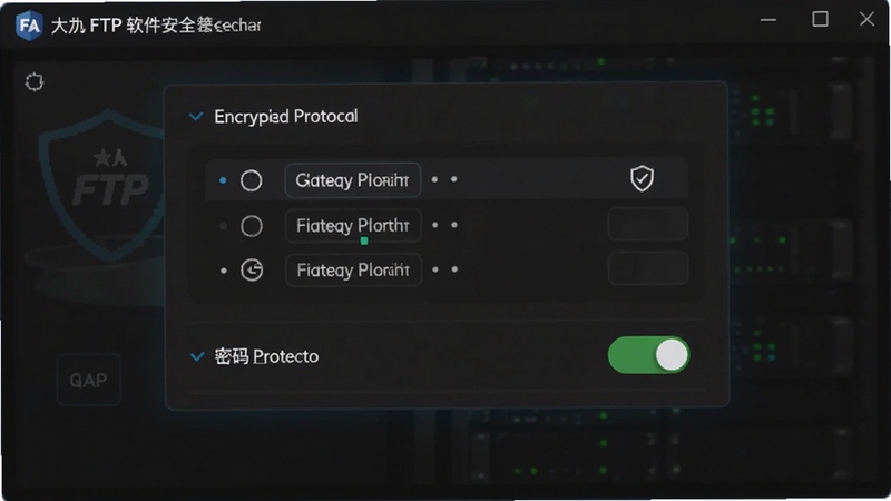 大众FTP软件安全设置面板,显示加密协议选项与密码保护开关,背景为深色护眼模式,突出安全防护主题