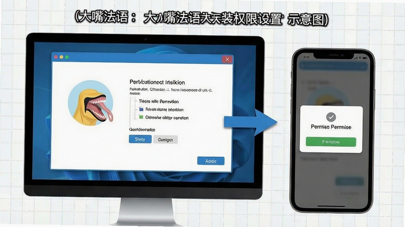 大嘴法语安装与权限设置示意图,画面展示电脑端安装向导界面与手机端权限弹窗,背景为浅色网格纹理,突出操作步骤引导