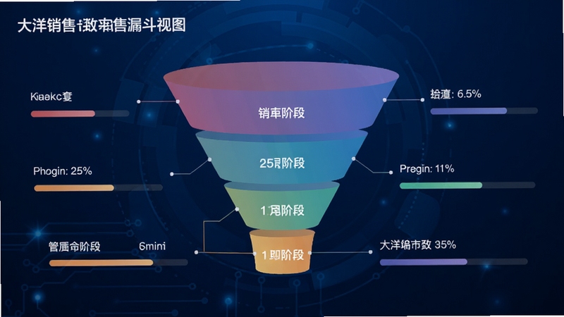 大洋销售管理系统销售漏斗视图,画面中心为渐变色的漏斗图形,每个层级标注不同销售阶段名称,周围环绕数据标签和进度条,背景为深蓝色科技感渐变,整体风格简洁商务,适合Boogu模型生成