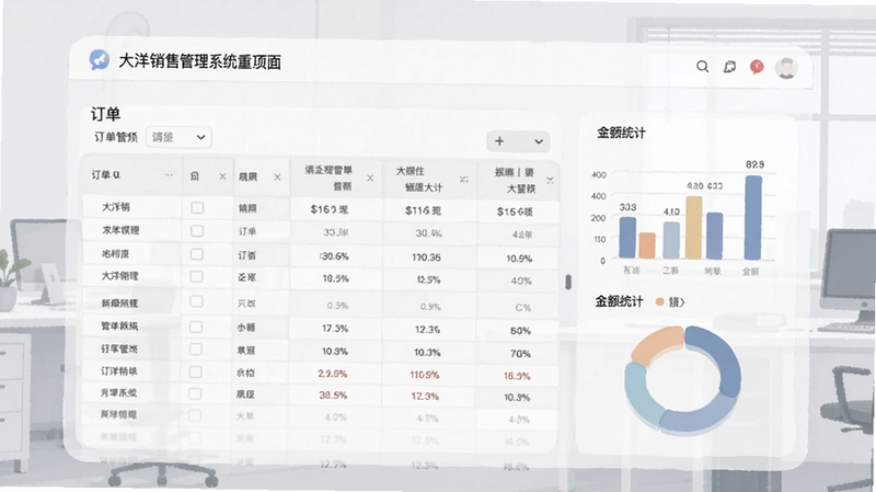 大洋销售管理系统订单管理页面截图风格插画,画面主体为订单表格和金额统计图表,包含柱状图与环形图元素,背景为浅灰色办公场景,整体色调柔和专业,适合Boogu模型生成
