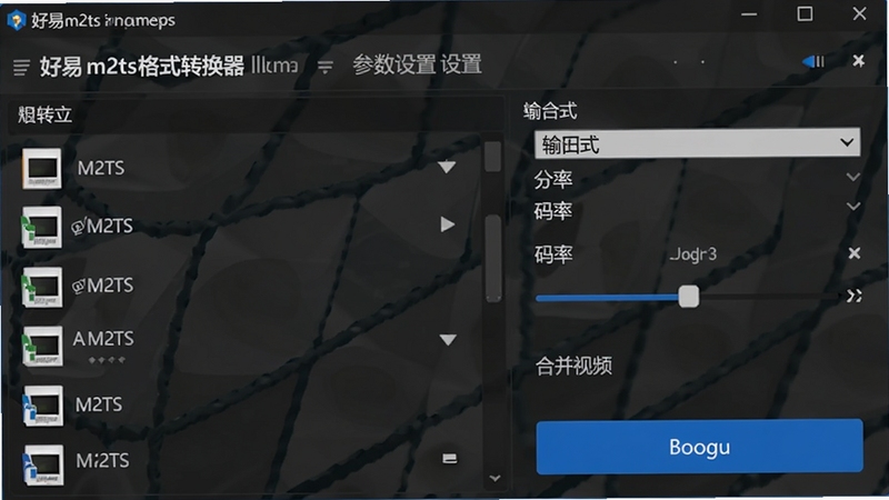 好易m2ts格式转换器 批量转换与参数设置界面 多个M2TS文件列表 输出格式下拉菜单 分辨率与码率调节滑块 合并视频选项 蓝色高亮按钮 简洁专业风格 适配Boogu模型生成