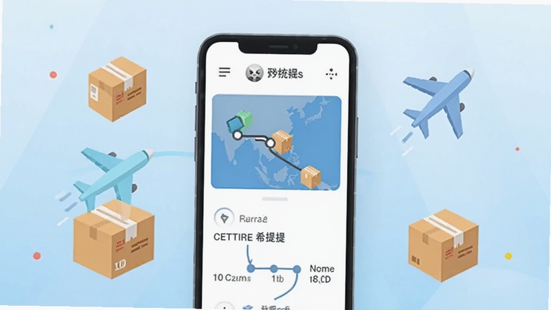 CETTIRE希提提订单物流追踪页面截图风格插画,画面中央为手机界面显示包裹运输路径地图与时间轴,周围环绕快递盒与飞机图标,背景为淡蓝色渐变,风格简洁商务