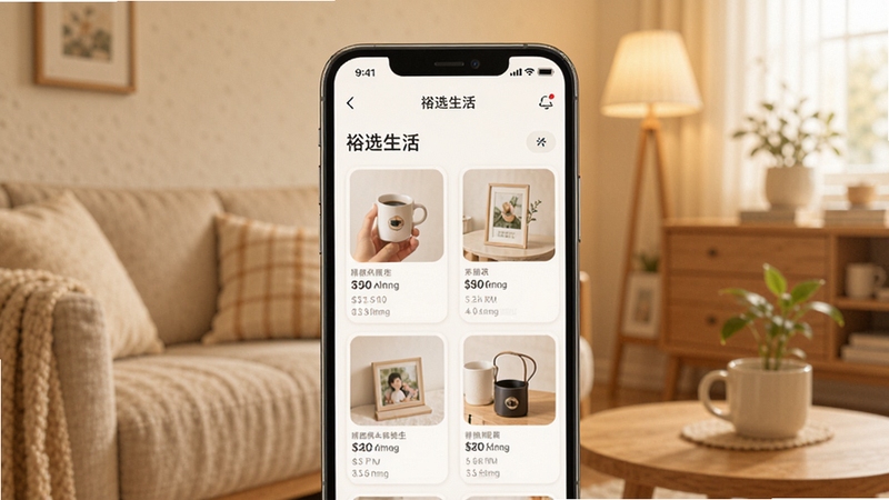 裕选生活软件界面中展示精选商品推荐列表,画面主体为手机屏幕中央的商品卡片,背景为柔和暖色调的居家环境,简洁明亮的UI设计风格