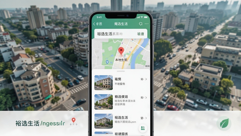 裕选生活本地生活服务页面,画面展示手机端地图定位与周边服务列表,背景为城市街区俯瞰图,色调清新自然,突出便捷生活主题