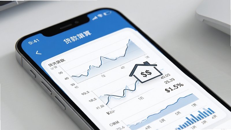 房贷提前还款计算器 手机屏幕显示贷款计算界面 蓝色金融风格 简洁数据图表 白色背景 高清渲染