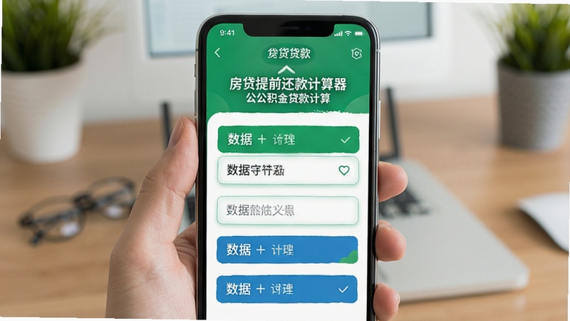 房贷提前还款计算器 公积金贷款计算界面 手机应用 绿色与蓝色配色 数据输入框