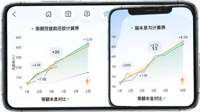 房贷提前还款计算器 等额本息与等额本金对比图 折线图展示利息变化 手机屏幕 清爽界面