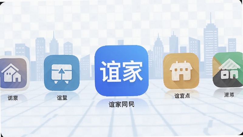 谊家同类型社区服务应用对比图,画面中并排展示多款手机应用图标,背景为浅色网格与城市剪影,谊家图标位于视觉中心,整体风格清爽简洁,适合应用推荐场景