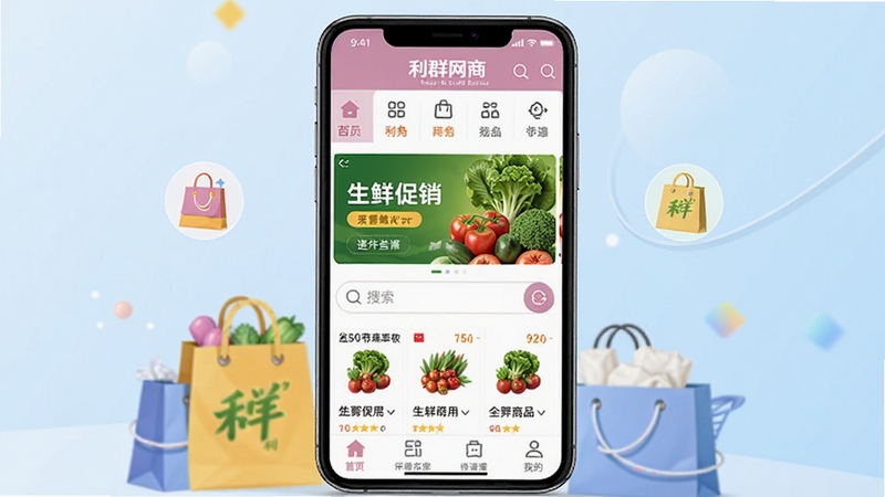 ��Ⱥ���̹ٷ������̳�APP������չʾ����������Ϊ�ֻ���Ļ����Ļ�ڳ�����Ⱥ����Ӧ����ҳ��������Ʒ���ർ���������ʴ���banner��������͵ײ��˵���������Ϊǳ��ɫ�����������ֻ������׺���������ƷСͼ�꣬���廭��ɾ�������ͻ����Ⱥ����Ʒ�Ʊ�ʶ������Booguģ������