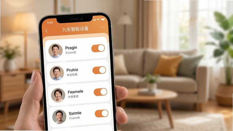 九安智能设备共享权限设置界面,手机屏幕显示家庭成员头像列表与权限开关按钮,界面色调温暖柔和,背景为客厅场景虚化,适配Boogu模型生成
