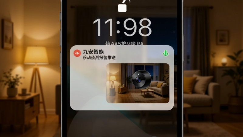 九安智能移动侦测报警推送界面,手机锁屏状态下弹出报警通知卡片,卡片上显示摄像头名称与抓拍缩略图,背景为夜晚居家环境,灯光昏黄,突出安全守护氛围,适配Boogu模型生成