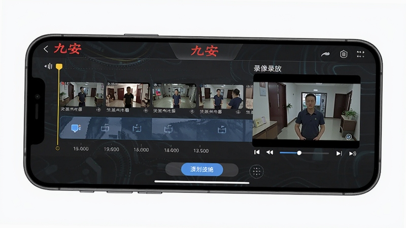 九安智能录像回放时间轴界面,手机横屏显示时间轴与视频播放窗口,画面中可看到历史录像片段缩略图,界面按钮清晰,背景为深灰色科技纹理,适配Boogu模型生成