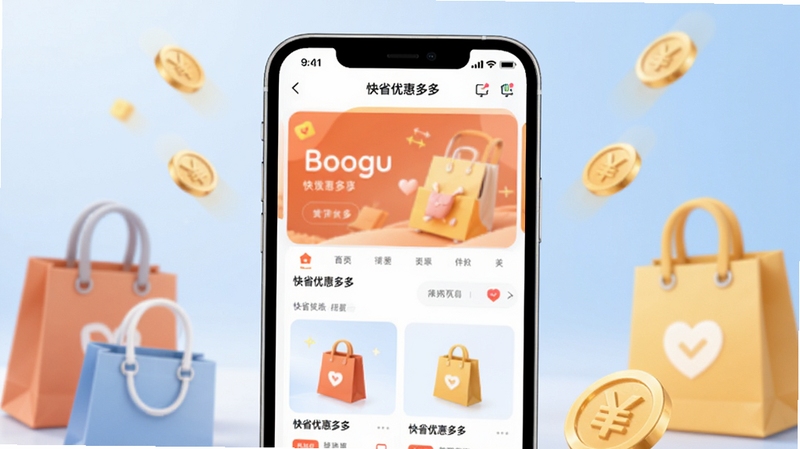 快省优惠多多 软件主界面展示图,画面中心为手机屏幕,屏幕内显示快省优惠多多应用首页,背景为浅蓝色渐变,周围点缀购物袋和金币元素,整体风格清新明亮,适合Boogu模型生成