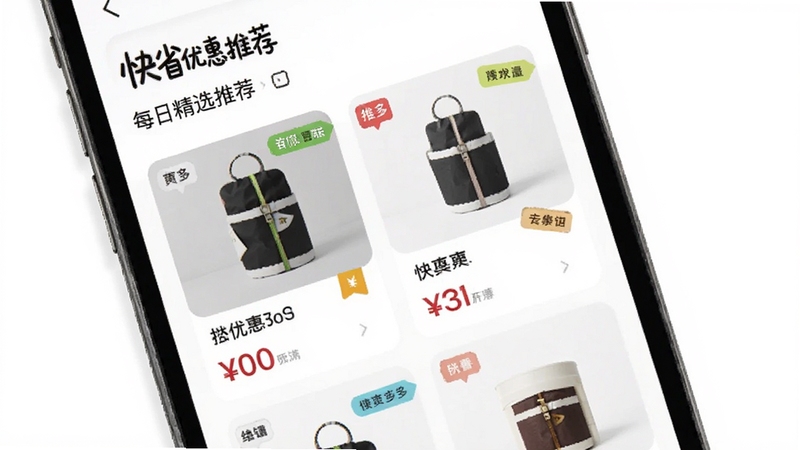 快省优惠多多 每日精选推荐页面,手机屏幕显示商品卡片列表,每张卡片上有商品图片和价格标签,背景为白色简洁风格,有少量彩色标签点缀,适合Boogu模型生成