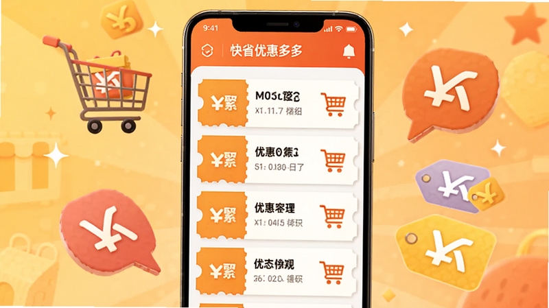 快省优惠多多 优惠券聚合界面示意图,画面中一部安卓手机展示着各类优惠券列表,背景为暖色调,有购物车和折扣标签漂浮,整体氛围热闹实惠,适合Boogu模型生成