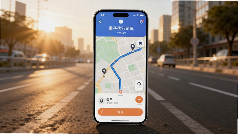 画面中央放置一部智能手机,屏幕上显示量子优行司机接单界面,地图路线清晰,背景为城市道路与晨光,整体色调温暖专业,适配Boogu模型生成