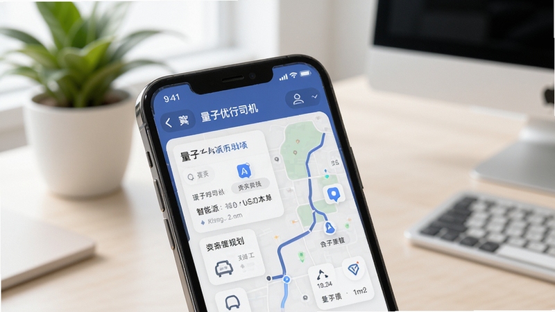 量子优行司机应用界面展示智能派单与导航路线规划,手机屏幕特写,背景为简洁办公桌面与绿植,风格清新明亮,适配Boogu模型生成