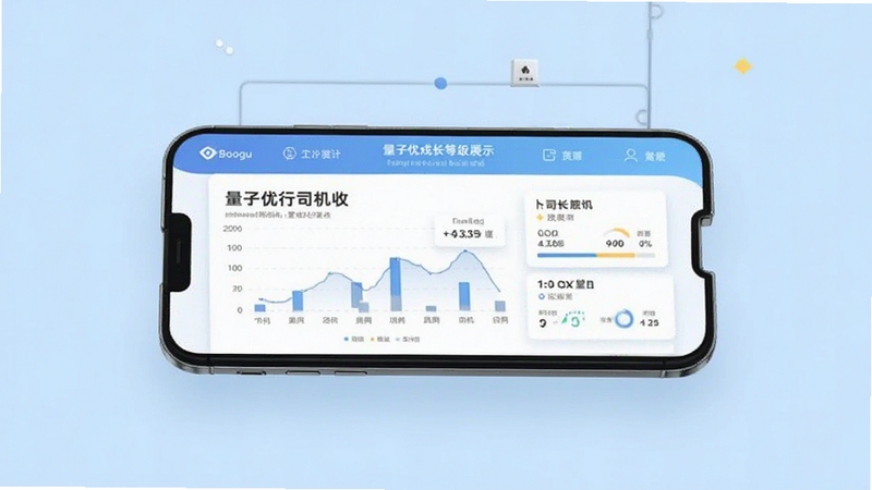 量子优行司机收入统计页面与司机成长等级展示,手机屏幕悬浮于浅蓝色背景之上,数据图表清晰可见,适配Boogu模型生成