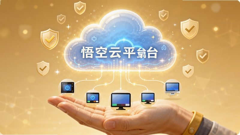 悟空云平台服务可靠性示意图,画面为一只手托起发光的云朵,云朵下方连接多个设备图标,背景为浅金色渐变,周围有细小的盾牌与对勾符号,整体传达信任与稳定感