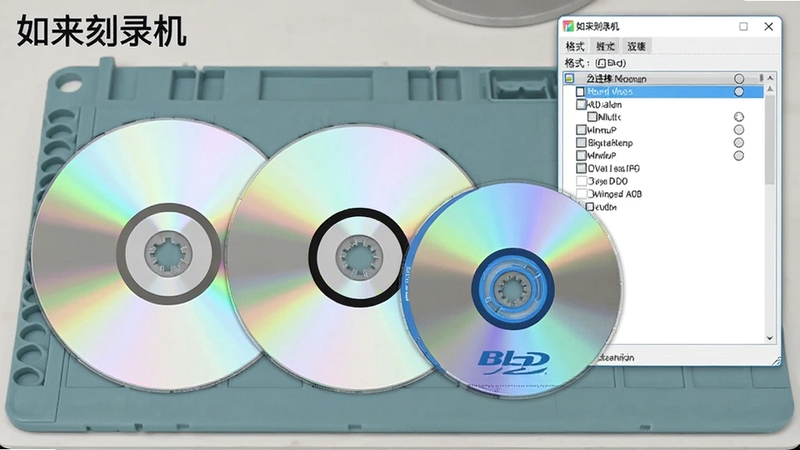 ����չʾ������¼��������������ͬʱ�ڷ���CD��DVD���������ֲ�ͬ���Ĺ��̣����̱��淴�����͵Ĳʺ�ɫ���󣬱���Ϊǳ��ɫ����̨�棬�������������ڻ����Ҳ࣬��������ʾ��ʽѡ���б����������Ͻ��С�������¼����Ʒ��������������ɾ����࣬����Booguģ������