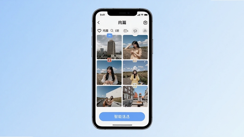 绚篇应用主界面展示,画面中央为手机屏幕显示绚篇选片界面,背景为浅蓝色渐变,屏幕中展示多张照片缩略图与智能筛选按钮,整体风格清新简洁,适配Boogu模型生成