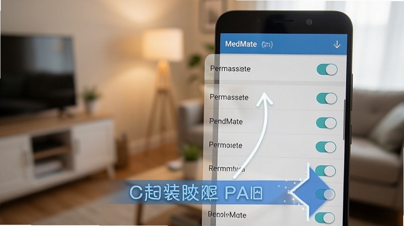 MedMate 应用在安卓手机上的安装权限设置界面,画面展示手机屏幕中的权限开关列表,背景为模糊的室内环境,色调柔和,突出操作指引感