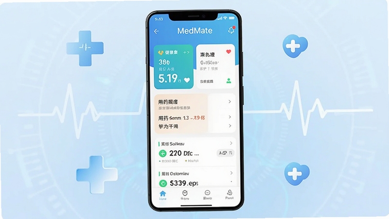 画面主体为一部竖屏安卓手机,屏幕中央显示 MedMate 应用主界面,界面包含健康数据卡片与用药提醒列表,背景区域为浅蓝色渐变医疗科技风格,周围环绕简洁的十字与心跳线条图标,整体色调清爽专业,适配 Boogu 模型生成