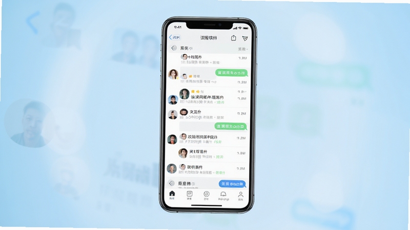 谈指间软件主界面展示,画面中央为手机屏幕正视图,屏幕内显示聊天列表与底部导航栏,背景为浅蓝色渐变虚化光晕,整体风格清爽简约,适合移动应用宣传图