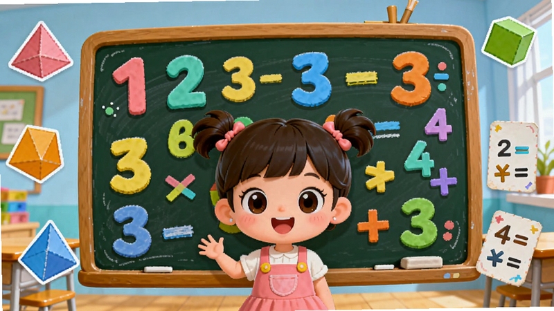 妞妞做数学软件主界面全貌,画面中央是卡通小女孩妞妞站在一块巨大的数字黑板前,黑板上写满彩色数字和加减符号,背景是明亮的教室场景,四周漂浮着几何图形和算术卡片,整体风格活泼可爱,适合儿童教育软件宣传图