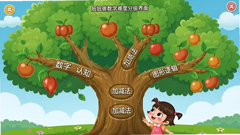 妞妞做数学难度分级界面,画面展示一棵巨大的知识树,树干上标注数字认知、加减法、图形逻辑等分支,每个分支上挂着不同数量的果实代表难度等级,卡通妞妞正在树下抬头看树,背景是蓝天白云和草地