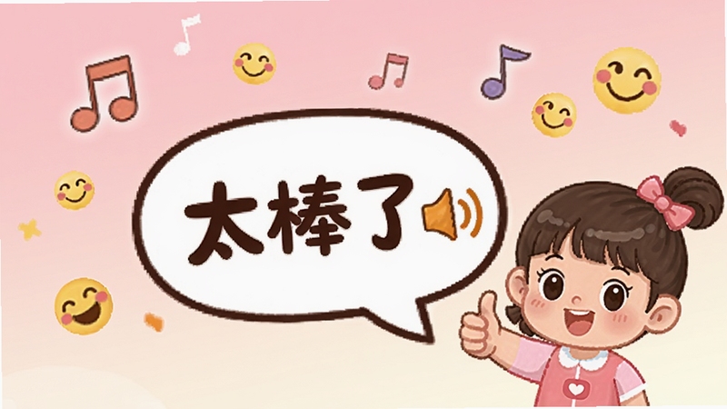 妞妞做数学语音反馈功能展示,画面中心是一个卡通对话框,里面写着“太棒了”并配有扬声器图标,旁边妞妞竖起大拇指,周围散落着音符和笑脸符号,背景是柔和的渐变粉色,突出语音互动氛围