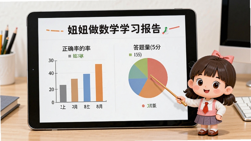 妞妞做数学学习报告页面,画面展示一个平板电脑屏幕,屏幕上显示柱状图和饼图,标注正确率、答题量等数据,旁边卡通妞妞拿着教鞭指向图表,背景是整洁的办公桌面,整体风格简洁专业