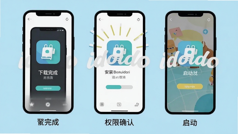 idoido 安装步骤示意图,画面分为三个并列的手机屏幕,分别展示下载完成、权限确认、启动成功三个状态,每个屏幕下方有简短文字标注,整体采用扁平化插画风格,背景为浅蓝色,软件名称 idoido 贯穿始终,适配 Boogu 模型生成。