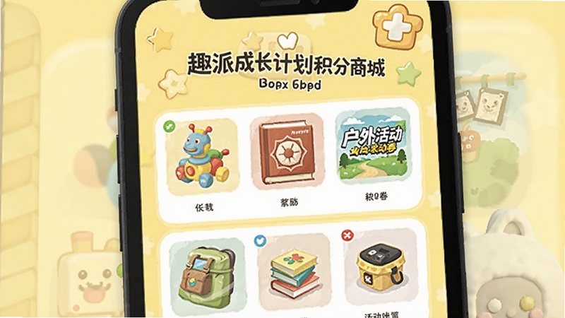 趣派成长计划积分商城页面,画面展示手机屏幕中琳琅满目的奖励商品图标,包括玩具、书籍、户外活动券等,界面色彩明快,背景为淡黄色卡通风格,适配Boogu模型生成