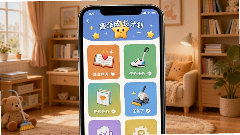 趣派成长计划任务打卡界面,画面展示手机屏幕中排列整齐的彩色任务卡片,每张卡片上有不同的图标如书本、跑步鞋、扫地工具等,屏幕上方有星星奖励动画,背景为温馨的家庭书房环境,适配Boogu模型生成