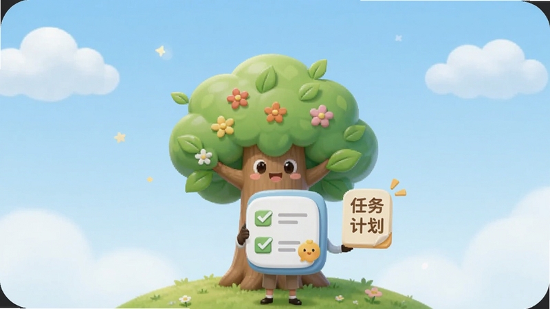 趣派成长计划 手机应用界面主视觉图,画面中央为卡通风格的成长树与任务清单图标,背景为柔和的浅蓝色渐变天空与白云,整体风格清新活泼,适配Boogu模型生成