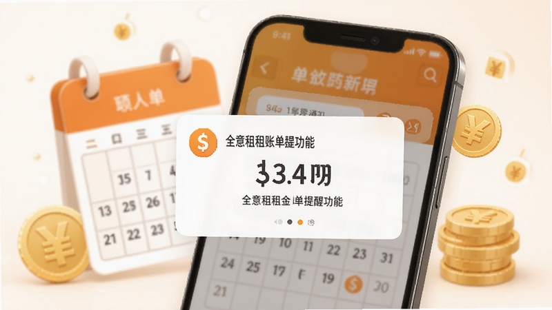 全意租租金账单提醒功能展示,手机屏幕弹出账单到期通知卡片,背景为日历与金币图标组合,画面色调以橙色和白色为主,体现提醒与财务管理的氛围
