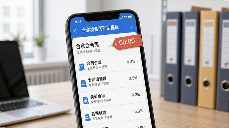 全意租合同到期提醒界面,手机屏幕显示合同列表与倒计时标签,背景为办公桌面与文件夹元素,整体风格简洁专业,突出全意租的提醒服务