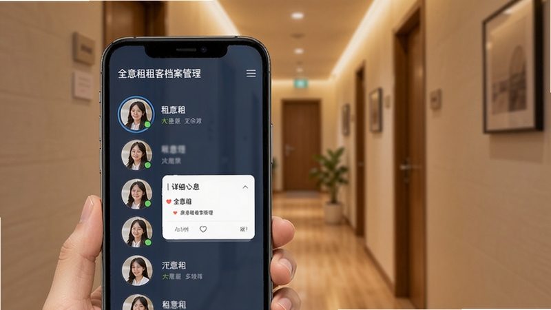 全意租租客档案管理页面,手机屏幕展示租客头像列表与详细信息卡片,背景为温馨的公寓走廊虚化场景,画面柔和,体现全意租在租客管理方面的细致