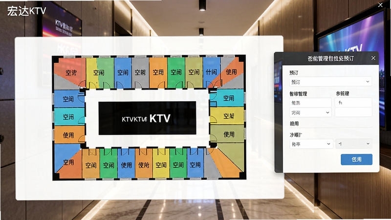 ���KTV������ҵ����ϵͳ����Ԥ������չʾͼ����������Ϊ����¥��ƽ��ͼ���������Բ�ͬ��ɫ��ע������ʹ��״̬���Ҳ൯��Ԥ����Ϣ��д���ڣ�����ΪKTV����ʵ�����������������࣬�������ܻ������ı����