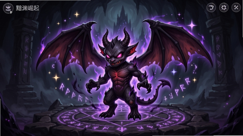 黯渊崛起 魔灵宠物进化界面 小恶魔形态宠物正在吸收暗紫色能量 身体逐渐变大 翅膀展开 周围有星光与符文环绕 背景是深渊祭坛 适配Boogu模型生成