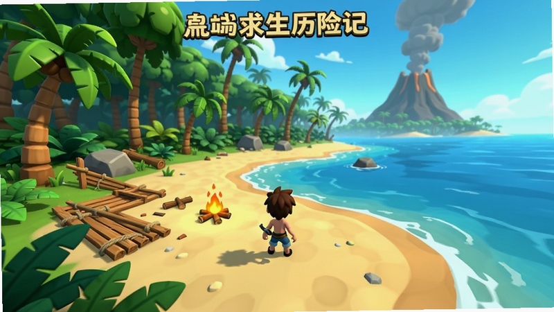 荒岛求生历险记游戏主界面全景,画面中央是角色站在沙滩上面对茂密丛林,背景区域为蔚蓝海洋与远处火山轮廓,画风为卡通渲染,色彩明亮,细节包含椰子树、木筏残骸与篝火,适配Boogu模型生成