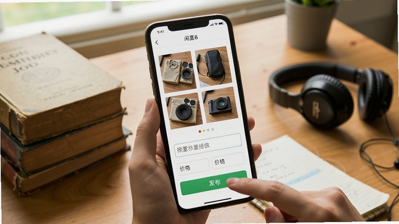 二手物品转手交易软件发布商品页面,手机屏幕显示正在上传三张闲置物品照片,下方有标题输入框和价格填写区域,用户手指点击发布按钮,背景是书桌前的场景,桌上放着待售的旧书和耳机,画面细节丰富,风格真实自然