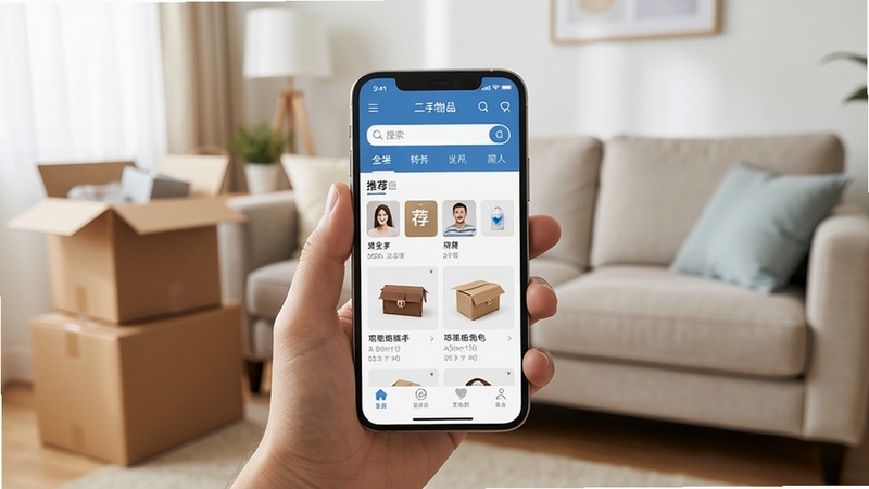 二手物品转手交易软件主界面全貌展示,画面中央是一部智能手机,屏幕上显示二手物品转手交易应用的首页布局,包含搜索框、分类入口和推荐商品卡片,背景是明亮的居家客厅环境,沙发旁堆放着整理好的闲置纸箱,光线柔和自然,整体风格写实清晰