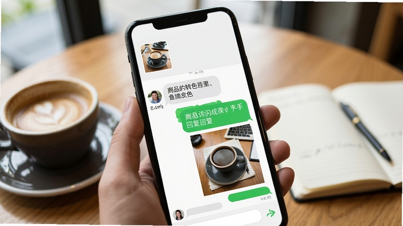二手物品转手交易软件聊天沟通界面,手机屏幕显示买卖双方对话气泡,一侧询问商品成色,另一侧回复并发送实物照片,屏幕上方有商品缩略图,背景是咖啡厅桌面环境,有咖啡杯和笔记本,氛围轻松,画面清晰