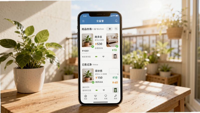 二手物品转手交易软件订单管理页面,手机屏幕显示在售商品列表和已售记录,有商品缩略图、价格标签和状态标识,背景是居家阳台环境,阳光照射进来,桌上有绿植,画面明亮清晰