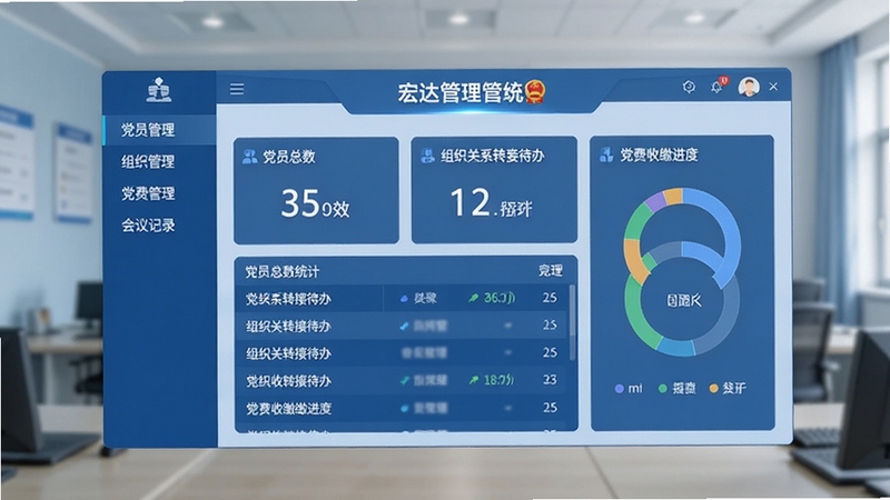 宏达党员信息管理系统软件主界面全貌预览图,画面中央显示党务管理仪表盘,包含党员总数统计卡片、组织关系转接待办列表、党费收缴进度环形图,背景为浅蓝色政务办公风格,左侧导航栏清晰可见党员管理、组织管理、党费管理、会议记录等模块,整体画面干净整洁,突出信息化管理的高效氛围,16:9横版构图